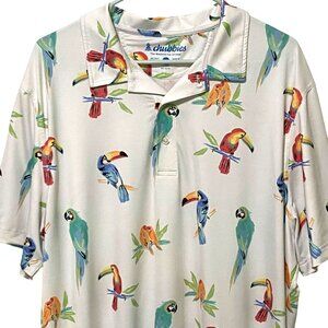 Chubbies Tropical Birds Mens Polo Shirt XL White Parrot Lovebirds Toucan‎ Bamboo